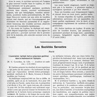 3487 - Page 3392 - Partie scientifique. L'Actualité Scientifique. La Presse. Les malaises [(Journal des praticiens 20 avril 1929)] / Etude clinique sur le système nerveux dans le typhus exanthématique [(Paris médical, 27 avril 1929)] / Les Sociétés Savantes. Paris. L’association tartrate borico-potassique-gardénal dans le traitement de l’épilepsie, (Académie de médecine ; 1-10-1929)