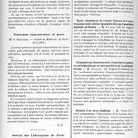 3489 - Page 3394 - Partie scientifique. L'Actualité Scientifique. Les Sociétés Savantes. Paris. A propos du traitement du cancer du col utérin, (Société de médecine de Paris Sclérodermie progressive. Hémocrinothérapie. Amélioration rapide, (Soc. de médecine de Paris / Tuberculoses juxta-articulaires du genou, (Société de Médecine de Paris ; 19-4-1929) / Société des Chirurgiens de Paris. Séance du 18 octobre 1929. Traitements physiothérapiques des tuberculoses chirurgicales / Invagination intestinale chez l’enfant / Kyste volumineux de l’ovaire. Tumeur de l’ovaire. Grossesse extra-utérine. Quarante-huit cas d’anesthésie générale au Numal / Cinquante cas (deuxième série) d’anesthésies générales chirurgicales par un nouveau dérivé de l’acide barbiturique / Histoire d’un ulcus duodénal / Paralysie du sciatique poplité externe consécutive à une consolidation vicieuse de l’extrémité inférieure du fémur chez une enfant