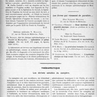 3495 - Page 3400 - Partie scientifique. L'Actualité Scientifique. Les Livres. Hygiène sociale, par L. March, Lesage, Schnerb, Laubry, Jacquet, Cahen, Sicard de Plauzoles, Vaudremer, Faitre, Godard, Dujarric de la Riviere, Librairie J. -B. Baillière et Fils, éditeurs, Paris / Laboratoire et ophtalmologie, par Ch. Dejean, éditions médicales N. Maloine, Paris / Les livres qui viennent de paraître / Thérapeutique. Les dérivés solubles du camphre