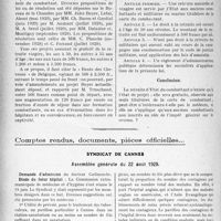 3511 - Page 3416 - Partie professionnelle, Hygiène, Assistance, Mutualité, Intérêts corporatifs, Variétés. Travaux Originaux. Mutualité familiale. Les retraites du combattant. La retraite d’état du combattant / Comptes rendus, documents, pièces officielles... Syndicat de Cannes, Assemblée générale du 22 août 1929