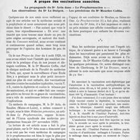 3622 - Page 3527 - Propos du jour. La Médecine préventive. A propos des vaccinations associées / La propagande du Dr Arin dans « Le Propharmacien » : — Les observations du Dr Le Duigou. — Les précisions du Dr Maurice Coffin [J. Noir]