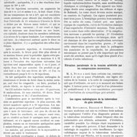 3644 - Page 3549 - Partie scientifique. L’Actualité Scientifique. Les Sociétés Savantes. Paris. La pyrétothérapie avec la levure de bière dans la paralysie générale, (Soc. méd. des hôp. de Paris ; 12-7-1929) / Lyon. Société médicale des Hôpitaux. Hémiplégie transitoire au cours d’une coqueluche / Elévation paradoxale de la tension artérielle par les compressions successives / Les signes radiologiques de la tuberculose du gros intestin