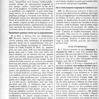 3645 - Page 3550 - Partie scientifique. L’Actualité Scientifique. Les Sociétés Savantes. Lyon. Société médicale des Hôpitaux. Sur un cas d’ostéopétrose généralisée / Paralytiques généraux traités par la malariathérapie / Sur un cas de dyschondroplasie / Sur le rétrécissement congénital de l’isthme de l’aorte / Société d'Ophtalmologie
