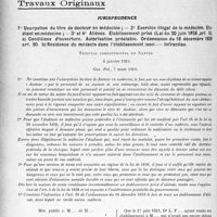 3653 - Page 3558 - Partie professionnelle, Hygiène, Assistance, Mutualité, Intérêts corporatifs, Variétés. Travaux Originaux. Jurisprudence. 1° Usurpation du titre de Docteur en médecine ; — 2° Exercice illégal de la médecine. Etudiant en médecine ; — 3° et 4° Aliénés. Etablissement privé (Loi du 30 juin 1838, art. 5). a) Conditions d’ouverture. Autorisation préalable, Ordonnance du 18 décembre 1839 art. 90. b) Résidence du médecin dans l’établissement (non). — Infraction [Dr Paul Boudin]