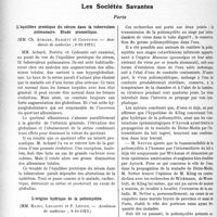 3715 - Page 3620 - Partie scientifique. L’Actualité Scientifique. La Presse. Traitement radiothérapique des arthrites chroniques de la hanche [(La Pratique médicale française, août 1929-A et B)] / Les Sociétés Savantes. Paris. L’équilibre protéique du sérum dans la tuberculose pulmonaire. Etude pronostique, (Académie de médecine ; 8-10-1929) / L’origine hydrique de la poliomyélite, (Académie de médecine ; 8-10-1929) / Traitement de l’inversion puerpérale de l’utérus, (Société de chirurgie ; 16-10-1929)