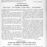 3740 - Page 3645 - Partie professionnelle, Hygiène, Assistance, Mutualité, Intérêts corporatifs, Variétés. Travaux Originaux. Hygiène. Un médecin oublié [Albert Garrigues] / Autour des théâtres. Théâtre Fémina : “ Les Transfuges”. — Théâtre Déjazet : “ Une poule d’essai ” [Dr G. Polème] / Autour des cinémas, cirques et music halls. Palace. — Folies-Wagram. — "La Femme dans la Lune” [Dr G. Poleme]