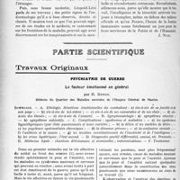 3773 - Page 3678 - Propos du jour. Hommage au Dr Léopold-Lévi, le Maître incontesté de l’École endocrinologique française [J. Noir] / Partie scientifique. Travaux Originaux. Psychiatrie de guerre. Le facteur émotionnel en général, par R. Benon