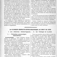 3787 - Page 3692 - Partie scientifique. Travaux Originaux. Clinique chirurgicale. De la maladie infectieuse de Duren (Rhénanie). des légumino-toxi-infections, par le Dr Albert Veillard / La clinique dermato-syphiligraphique au gout du jour. I. Les « chancres » blennorragiques. — II. Sur l’étiologie de la pelade. Ulcérations gonococciques chancriformes