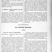 3792 - Page 3697 - Partie scientifique. L'Actualité Scientifique. La Presse. Le traitement des paraplégies du mal de Pott dorsal [(La Presse médicale, 31 août 1929)] / Les impulsions sexuelles explosives par dépit amoureux [(Le Progrès médical, n° 32 du 10 août 1929)] / Les Sociétés Savantes. Paris. A propos des centres de malariathérapie, (Académie de Médecine ; 29-10-1929)