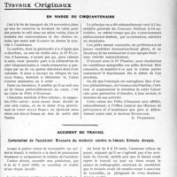 3802 - Page 3707 - Partie professionnelle, Hygiène, Assistance, Mutualité, Intérêts corporatifs, Variétés. Travaux Originaux. En marge du cinquantenaire / Accident du travail. Contestation de l’accident. Recours du médecin contre le blessé. Entente directe [Dr Paul Boudin]