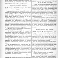 3867 - Page 3770 - Partie scientifique. L’Actualité Scientifique. Les Sociétés Savantes. Paris. Rôle phylactique de certains alcaloïdes vis-à-vis d’autres alcaloïdes du même végétal, (Académie de médecine ; 29-10-1929) / A propos des pancréatites chroniques, Société de chirurgie ; 16 et 23-10-1929) / L’emploi des sucres caramélisés dans le régime des diabétiques, (Soc. méd. des hôp. de Paris ; 12-7-1929) / Les modifications électro-cardiographiques dans l’angor aigu coronarien fébrile, (Soc. méd. des hôp. de Paris ; 12-7-1929) / Insulino-résistance dans le diabète, (Soc. méd. des hôp. de Paris ; 12-7-1929)