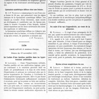 3870 - Page 3773 - Partie scientifique. L’Actualité Scientifique. Les Sociétés Savantes. Toulouse. Société de Médecine, Chirurgie et Pharmacie. Sur la paralysie diphtérique de l’accommodation / Lipomatose symétrique diffuse chez une femme / Lille. Société médicale et anatomo-clinique, Séance du 18 novembre 1929. Sur l’action d’une insuline purifiée dans les hypertensions artérielles / Un cas de poliomyélite, à forme ascendante, traité avec succès par le sérum de Petit / Au sujet d’un cas d’appendicite, au cours de la grossesse / Kystes séreux congénitaux du cou