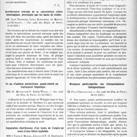 3938 - Page 3839 - Partie scientifique. L'Actualité Scientifique. Les Sociétés Savantes. Paris. Action thérapeutique du sérum de vésicatoire, (Académie de Médecine ; 5-11- 1929) / Recrudescence estivale de la spirochétose ictéro-hémorragique, provoquée par les bains de rivière, (Soc. méd. des Hôpit. de Paris ; 11-10-1929) / Un cas d’anémie pernicieuse, ayant résisté au traitement hépatique, (Soc. méd. des Hôp. de Paris ; 11-10-1929) / Suppuration éberthienne d’un kyste de l’ovaire au cours d’une fièvre typhoïde, (Soc. de. Méd. des Hôp. de Paris ; 18-10-1929) / Quelques particularités des réimpaludations thérapeutiques, (Soc. méd. des Hôp. de Paris ; 38-19-1929)