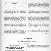 3939 - Page 3840 - Partie scientifique. L'Actualité Scientifique. Les Sociétés Savantes. Paris. Quelques particularités des réimpaludations thérapeutiques, (Soc. méd. des Hôp. de Paris ; 38-19-1929) / Méningite aiguë hérédo-syphilitique tardive chez une gynandre, (Soc. méd. des Hôp. de Paris. 12-7-1929) / Les Congrès. XXe Congrès français de médecine, (Suite). Etioloqie, pathogénie et physiologie pathologique de la scarlatine