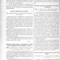 4005 - Page 3906 - Partie scientifique. L’Actualité Scientifique. Les Sociétés Savantes. Paris. Les résultats de la vaccination anti-diphtérique, (Académie de médecine ; 19-11-1929) / Sur une tuberculine peu toxique, (Académie de médecine ; 29-10-1929) / Méningite cérébro-spinale à méningocoque, traitée par la trypaflavine intra-rachidienne. Guérison, (Soc. méd. des hôp. de Paris ; 12-7-1929) / Septicémie puerpérale grave guérie par les immunotransfusions, (Soc. méd. des hôp. de Paris ; 12-7-1929) / Doit-on soigner ou extraire des dents de lait, qui se carient ?, (Soc. de médecine de Paris ; 11-10-1929)