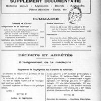 4106 - Page 5017 - Supplément documentaire. Médecine sociale - Législation – Décrets - Règlements – Pièces officielles – Tarifs, etc / Sommaire / Décrets et arrêtés. Enseignement de la médecine. Règlement de l'agrégation des Facultés de médecine