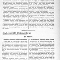 0028 - Page 27 - Partie scientifique. Travaux Originaux. La clinique au goût du jour. Ne méconnaissons pas la diphtérie du nouveau-né et du nourrisson : relativement fréquente, elle est absolument atypique, d’après MM. Kaplan et Bolgert / L’actualité Scientifique. La Presse. L’opothérapie hépatique en dermato-syphiligraphie [(Journal des Praticiens, 19 juillet 1930.)] / La cuti-réaction à la tuberculine chez les vieillards [(Le Nord médical, 15 juillet 1930.)] / Contribution à l’étude des pneumokonioses professionnelles [(La Presse médicale, 12 juillet 1930.)]