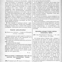 0031 - Page 30 - Partie scientifique. L’actualité Scientifique. Les Sociétés Savantes. Paris. Diverticulose et diverticulites, (Société de chirurgie ; 22-10-1930.) / Projectile cardio-péricardique, (Société des Chirurgiens de Paris ; 5-12-1930.) / Abcès du poumon à staphylocoques dorés chez un nourrisson. Auto-vaccinothérapie. Vomique. Guérison, (Soc. méd. des hôpitaux de Paris ; 11-7-1930.) / Spirochétose méningée d’origine hydrique. Contamination digitale, (Soc. méd. des hôp. de Paris ; 11-7-1930.)
