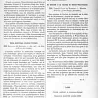 0032 - Page 31 - Partie scientifique. L’actualité Scientifique. Les Sociétés Savantes. Paris. Spirochétose méningée d’origine hydrique. Contamination digitale, (Soc. méd. des hôp. de Paris ; 11-7-1930.) / Le syndrome hypochlorémique irréductible des néphrites chroniques, (Soc. méd. des hôp. de Paris ; 11-7-1930) / Coma diabétique insulino-résistant, (Soc. méd. des hôp. de Paris ; 11-7-1930.) / Le bismuth et la réaction de Bordet-Wassermann, (Réunion dermatol. de Strasbourg ; 8-6-1930.) / Lille. Société médicale et anatomo-clinique. séance du mardi 28 octobre 1930