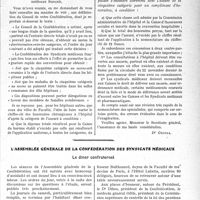 0044 - Page 43 - Partie professionnelle, Hygiène, Assistance, Mutualité, Intérêts corporatifs, Variétés. Travaux Originaux. L’Actualité professionnelle. Assurance-maladie. Les premiers résultats de son fonctionnement. — Consultations gratuites et assurés sociaux. Le contrôle syndical. — Nomenclatures. — Lettre du Ministre du Travail / L’assemblée générale de la confédération des syndicats médicaux. Le dîner confraternel [G. Duchesne]