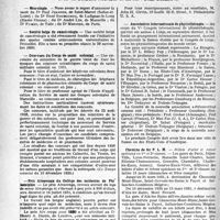 0065 - Page 64 - Partie professionnelle, Hygiène, Assistance, Mutualité, Intérêts corporatifs, Variétés. Reportage professionnel. Nouvelles et Informations, (Voir les Dernières Nouvelles en tête des « Demi-Colonnes »). Nécrologie [Dr Paul Jeannin, Dr René Soubourou, Dr André Lin, Dr Fumet, Dr Mercier] / Société belge de cancérologie / Concours du Corps de santé colonial / Prix Alvarenga du Collège des médecins de Philadelphie / Association internationale de physiothérapie / Chemins de fer P. L. M