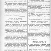 0111 - Page 110 - Partie scientifique. L’Actualité Scientifique. Les Livres. Tout le corps humain, Librairie Hachette, Paris / La cryothérapie, par Lortat-Jacob et G. Solente, Masson et Cie, éditeurs, Paris / Leçons du dimanche de la clinique médicale de l’Hôtel-Dieu de Paris, par les Drs P. Carnot, Sainton, Portier, Hartmann, N. Fiessinger, M. Villaret, L. Binet, Rathery, Halbron, L. Fournier, Tiffeneau, Librairie J.-B. Baillière et fils, Paris / La lumière solaire et artificielle d’infra-rouge, par J. Aimard et H. Dausset, L’Expansion scientifique française, Paris / Eléments de diagnostic des maladies des enfants, par Dr Mathilde, Librairie J.-B. Baillière et fils, Paris