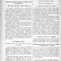0329 - Page 328 - Partie scientifique. L’Actualité Scientifique. Les Sociétés Savantes. Paris. Sur l’évolution clinique et la thérapeutique d’un cas de tétanos grave guéri, (Soc. méd. des hôp. de Paris ; 24-10-1930.) / Protéinémie normale au cours d’une néphrite aiguë avec anasarque, (Soc. méd. des. hôp. de Paris ; 24-10-1930) / Les diphtéries minima, (Soc. méd. des hôp. de Paris ;24-10-1930.) / Société des chirurgiens de Paris, Séance du 5 décembre 1930. A propos des ostéomes du coude / A propos du cancer de l’épiploon / Ostéosynthèse par plaque vissée pour une fracture de l’humérus chez un enfant / Note sur les cancers du maxillaire supérieur