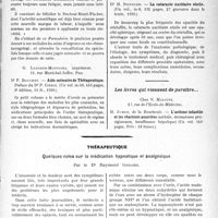 0336 - Page 335 - Partie scientifique. L’Actualité Scientifique. Les livres. Formulaire pratique d’oto-rhino-laryngologie, par Dr Henri Fischer, Vigot frères, éditeurs, Paris / Aide-mémoire de Thérapeutique, par Dr P. Bouchet, G. Lescher-Montoire, imprimeur, Pau. 1930 / La cataracte nucléaire sénile, par Dr H. Spindler, Éditions médicales Maloine, Paris / Les livres qui viennent de paraître… / Thérapeutique. Quelques notes sur la médication hypnotique et analgésique