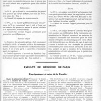 0434 - Page 433 - Partie professionnelle, Hygiène, Assistance, Mutualité, Intérêts corporatifs, Variétés. Comptes rendus, documents, pièces officielles. Sou médical. Extrait analytique des procès-verbaux du Conseil d’Administration / Faculté de médecine de Paris. Enseignement et actes de la Faculté