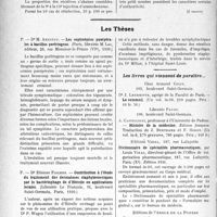 0547 - Page 544 - Partie Scientifique. L'Actualité Scientifique. Les Congrès. VIIIe Congrès international de dermatologie et de syphiligraphie. Récidivescutanéo-muqueuses dans la syphilis primaire et leur différenciation des réinfections – MM. John H. Stokes, Harold N. Cok, Joseph E. Moore, Paul A. O'Lemy, Thomas Parran, Udo J. Wile / Les Thèses. Les septicémies puerpérales à bacillus perfringens, par Dr M. Amestoy, (Librairie M. Lac. éditeur, Paris, 1930) / Contribution à l’étude du traitement des dermatoses staphylococciques par le bactériophage de d’Hérelle en applications locales, par Dr Etienne Fischer, (Librairie Le François, Paris, 1930) / Les livres qui viennent de paraître…