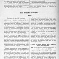 0692 - Page 689 - Partie Scientifique. L’Actualité Scientifique. La Presse. Quelques notions de pratique sur les arséno-résistants et arséno-récidivants et leurs dangers [(Journal des Praticiens, 18 septembre 1930.)] / Les Sociétés Savantes. Paris. Traitement du cancer de l’oesophage, (Académie de médecine ; 30-12-30.) / L’examen du contenu gastrique dans le diagnostic précoce de la tuberculose, (Académie de médecine ; 23-12-1930.)