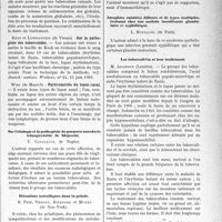 0698 - Page 695 - Partie Scientifique. L’Actualité Scientifique. Les Congrès. VIIIe Congrès international de dermatologie et de syphiligraphie. Nouveaux résultats de la diète de Gerson dans la peau et des muqueuses – Wichmann / Le traitement de la tuberculose de la peau – Blumenthal, Bolner et Hofer / Sur la pathogénie des tuberculides – Kren et Lowenstein / Particularités du lupus nasal – Wirz / Sur l’étiologie et la pathogénie du purpura annularis telangiectoïde de Majocchi – U. Cavalluci / Rétentions métalliques dans la pelade – H. Feik, Throne, Bindford et Myers / Immunothérapie des verrues et des condylomes chez l’homme et chez l’animal – Berstein / Atrophies cutanées diffuses et de types multiples, évoluant chez une malade insuffisante glandulaire et syphilitique – L. Hufnagel / Les tuberculideset leur traitement – M. Adamson