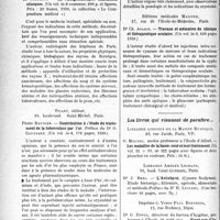0699 - Page 696 - Partie Scientifique. L’Actualité Scientifique. Les Livres. La roentgenthérapie. Indications cliniques, par Dr. Solomon, L'expansion scientifique française, Paris, 1930 / Contribution à l’étude du traitement de la tuberculose par l’or, par Pierre Reynier, Picart, éditeurs, Paris, 1930 / Travaux et mémoires de clinique et thérapeutique oculaire, par Dr Ch. Abadie, Éditions médicales Maloine, Paris, 1930 / Les livres qui viennent de paraître…
