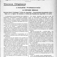 0700 - Page 697 - Partie Professionnelle, Hygiène, Assistance, Mutualité, Intérêts corporatifs, Variétés. Travaux Originaux. L’Actualité Professionnelle. La pléthore médicale. Comment faut-il l’envisager ? - Crise de répartition, - Encombrement des grandes villes. - Essai sur un régime de limitation à l'entrée des Facultés et de répartition à la sortie [G. Duchesne]