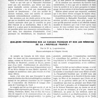 0709 - Page 706 - Partie Professionnelle, Hygiène, Assistance, Mutualité, Intérêts corporatifs, Variétés. Travaux Originaux. Mutualité familiale. Gestes de solidarité [A. Gassot] / Quelques impressions sur le Canada français et sur les médecins de la " nouvelle France ", par le Dr A. Laquerrière