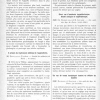 0767 - Page 764 - Partie Scientifique. L’Actualité Scientifique. Les Sociétés Savantes. Paris. Histoire d’un corps étranger du pouce, (Société de chirurgie ; 10-12-1930) / A propos du traitement médical de l’appendicite, (Société de médecine de Paris ; 9-1-1931.) / Chlorate de potasse et angines, (Société de thérapeutique ; 11-2-1931.) / Deux cas d’azotémie trypaflavinique. Etude clinique et expérimentale, (Soc. méd. des hôp. de Paris ; 21-11-1930.) / Un cas de coma insulinique mortel en dehors du diabète, (Soc.méd.des hôp. de. Paris ; 21-11-1930.)