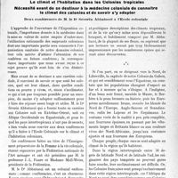 0826 - Page 823 - Propos du Jour. Le climat et l’habitation dans les Colonies tropicales. Nécessité avant de se destiner à la médecine coloniale de connaître le climat des colonies et de savoir s’y adapter, Deux conférences de M. le Dr Séverin Abbatucci à l’École coloniale [J. Noir]