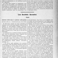 0914 - Page 911 - Partie Scientifique. L'Actualité Scientifique. La Presse. Les régimes sans lait chez le nourrisson [(Journal des Praticiens, 20 septembre 1930.)] / Les Sociétés Savantes. Paris. Syndrome entéro-rénal et syndrome entéro-génital, (Société de chirurgie ; 19-11-1930.) / Traitement chirurgical des abcès du poumon, (Société de chirurgie ; 3-12-1930.)