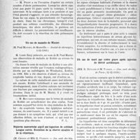 0915 - Page 912 - Partie Scientifique. L'Actualité Scientifique. Les Sociétés Savantes. Paris. Traitement chirurgical des abcès du poumon, (Société de chirurgie ; 3-12-1930.) / Un cas de maladie de Kholer, (Société de chirurgie ; 5-12-1930.) / Néphrite mercurielle aiguë par ingestion de sublimé. Longue survie. Evolution de la réserve alcaline et de la chlorémie, (Soc. méd. des hôp. de Paris ; 5-12-1930.) / Un cas de mort par ictère grave après injection de dérivé acridinique, (Soc. méd. des hôp. de Paris ; 12-12-1930.)