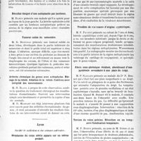1116 - Page 1113 - Partie scientifique. L’Actualité Scientifique. Les Sociétés Savantes. Paris. Société, des Chirurgiens de Paris, Séance du 20 février 1931. Curieuse adaptation des hanches d’une luxation congénitale non traitée / Résultat éloigné d’une autoplastie par lambeau / Tumeur solide du mésentère / Arthrite chronique du genou avec ostéophytes. Blocage de la rotule. Ablation de la rotule. Guérison avec intégrité des mouvements / Lyon. Société de médecine et des sciences médicales. Néoplasme du corps utérin apparu sur un utérus prolabé / Leptoméningite dans le cours d’une sinusite frontale aiguë suppurée (sans abcès cérébral) / Troubles de croissance d’origine syphilitique / Abcès sous-phrénique résiduel, aboutissant d’une pyohémie secondaire à une plaie du doigt / Torsion du colon pelvien. Résection en un temps avec fistulisation temporaire