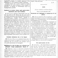 1119 - Page 1116 - Partie scientifique. L’Actualité Scientifique. Les Sociétés Savantes. Lyon. Société nationale de médecine et des sciences médicales. Epithélioma du larynx / Syndrome de circulus vitiosus après gastro-entéro-anastomose pour ulcus duodénal / Accidents douloureux dus à l’os trigone / Epithélioma du voile du palais avec métastase ganglionnaire. Curage ganglionnaire. Rayons X / Lille. Société médicale et anatomo-clinique, Séance du 23 décembre 1930. Recherches sur l’adrénaline et quelques-uns de ses dérivés / Des calculs latents du rein