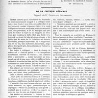 1137 - Page 1134 - Partie professionnelle, Hygiène, Assistance, Mutualité, Intérêts corporatifs, Variétés. Travaux Originaux. Loi des pensions. A propos des assurances sociales et des médecins rabaisiens [Dr Houssiaux] / De la critique médicale, Rapport du Dr Foveau de Courmelles