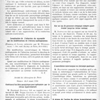 1271 - Page 1268 - Partie scientifique. L’Actualité Scientifique. Les Sociétés Savantes. Paris. La quinidothérapie intra-veineuse dans la thérapeutique cardiaque, (Soc. des hôp. de Paris, 16-1-1931.) / Localisation de l’infarctus du myocarde par les modifications de l’électro-cardiogramme, (Soc. méd. des hop. de Paris, 16-1-1931.) / Société des chirurgiens de Paris, Séance du 6 mars 1931. Guérison d’un iléus paralytique poste-opératoire par le sérum hyperchloruré / Nouveau procédé de plastie pour atrésie poste-traumatique du conduit auditif externe / Sur un cas rare de mastoïdite latente / Sur un cas de grossesse ectopique tubaire ayant évolué jusqu’au terme normal / L’anesthésie interrompue en chirurgie gastrique / A propos de l’action du sérum hyperchloruré intra-veineux dans les occlusions du grêle