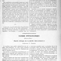 1332 - Page 1329 - Partie scientifique. Travaux Originaux. Le triple mécanisme (nerveux, hormonal et chimico-sanguin) du tonus vasculaire, et la pathogénie de l’hypertension, par le Dr A. Mougeot / Clinique ophtalmologique, (Hôtel-Dieu). Aspects cliniques de la névrite rétro-bulbaire, Professeur F. Terrien