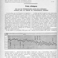 1411 - Page 1408 - Partie scientifique. Travaux Originaux. La thérapeutique obstétricale au goût du jour. Les hémorragies tardives des suites de couches ne résultent pas toujours d’une rétention cotylédonaire ; dans la moitié des cas, elles sont dues à l’infection, d’après le Docteur A. Grosse / Faits cliniques. Un cas de tuberculose aiguë de l’enfance guérie par le sérum du professeur Jousset [Dr Arin]