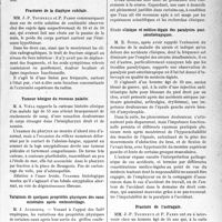 1424 - Page 1421 - Partie scientifique. L’Actualité Scientifique. Les Sociétés Savantes. Toulouse. Société de médecine, chirurgie et pharmacie. Du traitement sanglant de la luxation du semi-lunaire / Fractures de la diaphyse cubitale / Tumeur bénigne du recessus palatin / Variations de quelques propriétés physiques des eaux minérales après embouteillage / Etude clinique et médico-légale des paralysies poste-sérothérapiques / Fracture de l’astragale