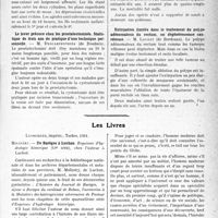 1628 - Page 1621 - Partie scientifique. L’Actualité Scientifique. Les Congrès. XXXIVe Congrès de l’Association française de Chirurgie, (Suite et fin). Les pancréatites chroniques, Suite du rapport de MM. Brocq et Miginiac / Les Livres. De Barèges à Luchon, par Molinéry, Lesbordes, imprim, Tarbes, 1931