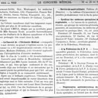 1671 - Page 1664-VIII - Dernières nouvelles. Dîner de printemps de l’UMFIA / Le Concert de « l’Orchestre Médical » / Service de santé militaire / Syndicat des médecins spécialistes de l’appareil respiratoire / A la Fédération des S. P. A / Dispensaires antituberculeux de l’Aube