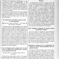 1704 - Page 1697 - Partie scientifique. L’Actualité Scientifique. Les Sociétés Savantes. Paris. Un cas d’anémie de Biermer hépato-résistant, Soc. méd. des hôp, 6-2-1931.) / Les variations de l’urée dans le sang au cours du coma diabétique, (Soc. méd. des Hôp. de Paris. 6-2-1931.) / Un cas d’hémogénie guérie pendant près de deux ans par la splénectomie. Récidive grave. Guérison par la suppression des règles, (Soc. méd. des hôp. de Paris, 6-2-1931.) / Société des chirurgiens de Paris, Séance du 20 mars 1931. La résection ostéoplastique de Wladimiroff-Mikulicz / Kyste hydatique volumineux du poumon gauche. Intervention. Guérison / Modifications importantes de la stomatoplastie de l’utérus par section antéro-postérieure, sans évidement ni suture / Pseudo-fibrome de la vessie par invagination d’un fibrome pédiculé du col utérin