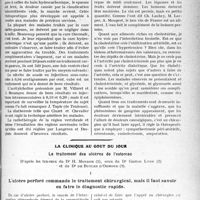 1768 - Page 1761 - Partie scientifique. Travaux Originaux. Clinique médicale, (Hôpital Cochin). Des oblitérations artérielles " type sénile". Leur sémiologie, leur traitement, par V. Aubertot / La clinique au goût du jour. Le traitement des ulcères de l’estomac, d’après les travaux du Dr H. Mondor, ceux du Dr Gaston Lyon et du Dr de Butler d’Ormond. L’ulcère perforé commande le traitement chirurgical, mais il faut savoir en faire le diagnostic rapide